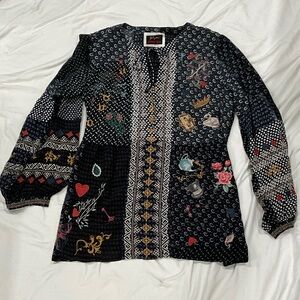 Johnny Was Black Blouse with Multicolor Embroidery